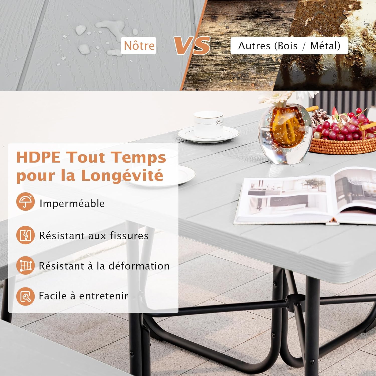 Set Tavolo da Picnic Quadrato con Panche per 8 Persone, Tavolo da Picnic con 4 Panche e Foro per Ombrellone, con Telaio in Metallo, Ogni Panca - 6