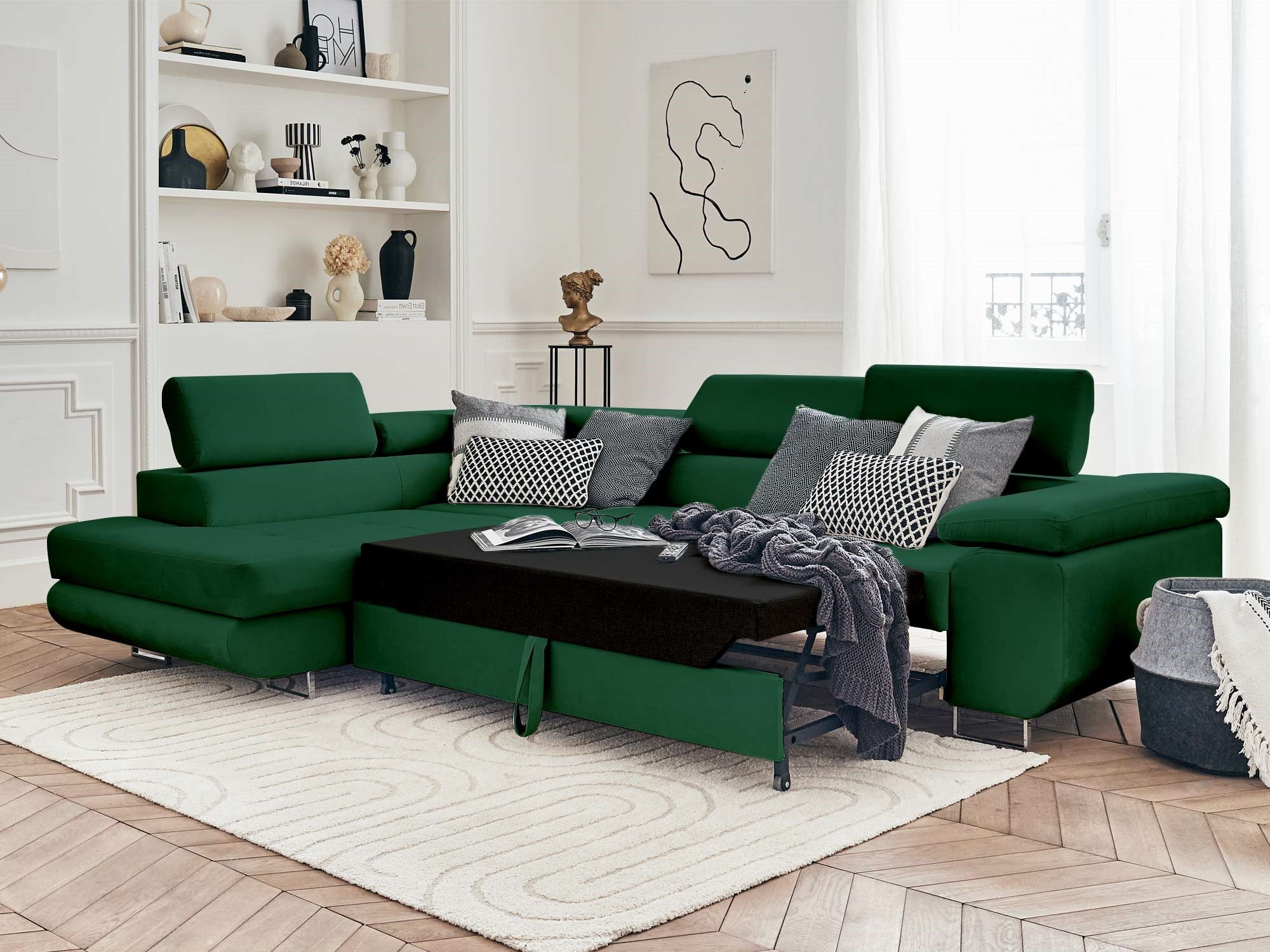 Canapé d'angle gauche convertible 5 places en velours vert - PABLO - Best Mobilier - 2