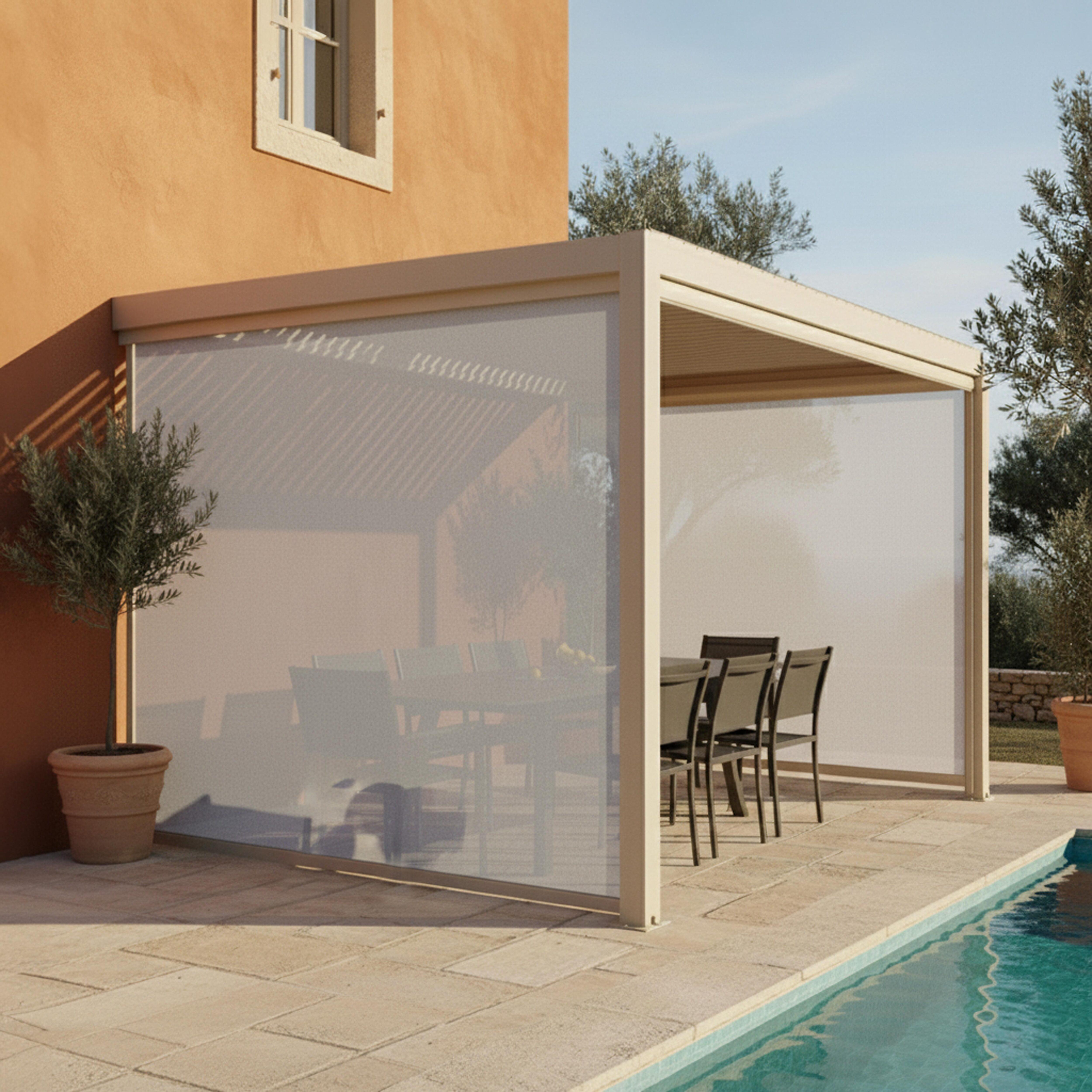 Pergola bioclimatique adossée 3x4m et 2 stores bois crème ( 2 stores 2 ...