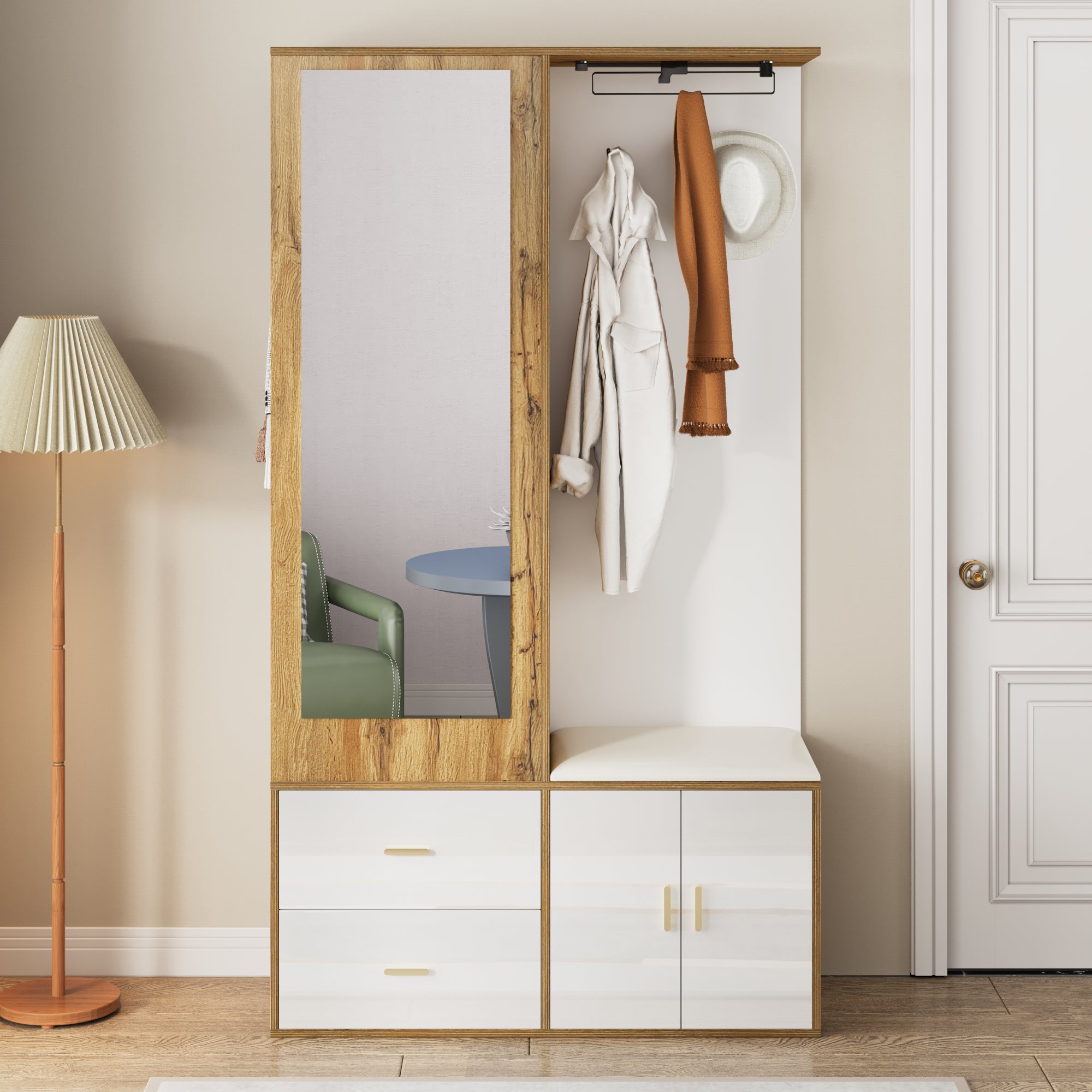 Ensemble vestiaire d'entrée avec 2 tiroirs, 2 portes, miroir, patères, tabouret et tringle à vêtements rétractable, blanc et couleur du bois - 3