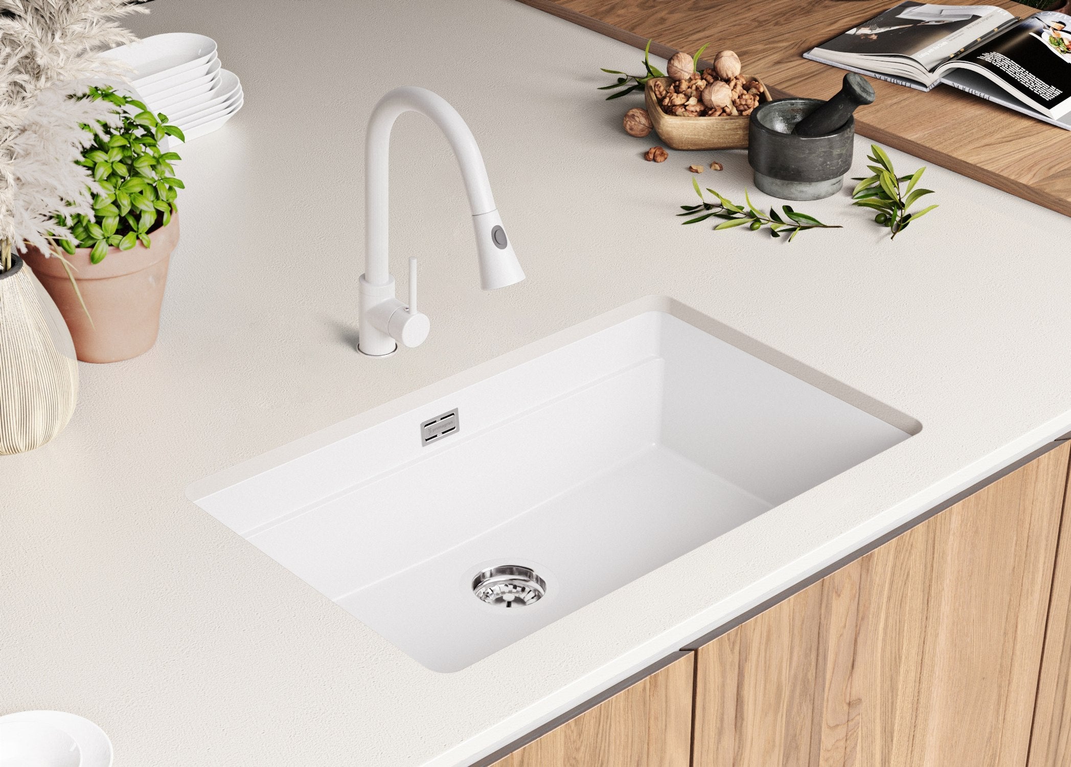 Lava-louça de encastrar Branco 76x47cm, Pia de Cozinha 1 cuba + Kit de drenagem + Kit de acessórios, Pia em Granito em armários de 80cm PRIMAGRAN - 3