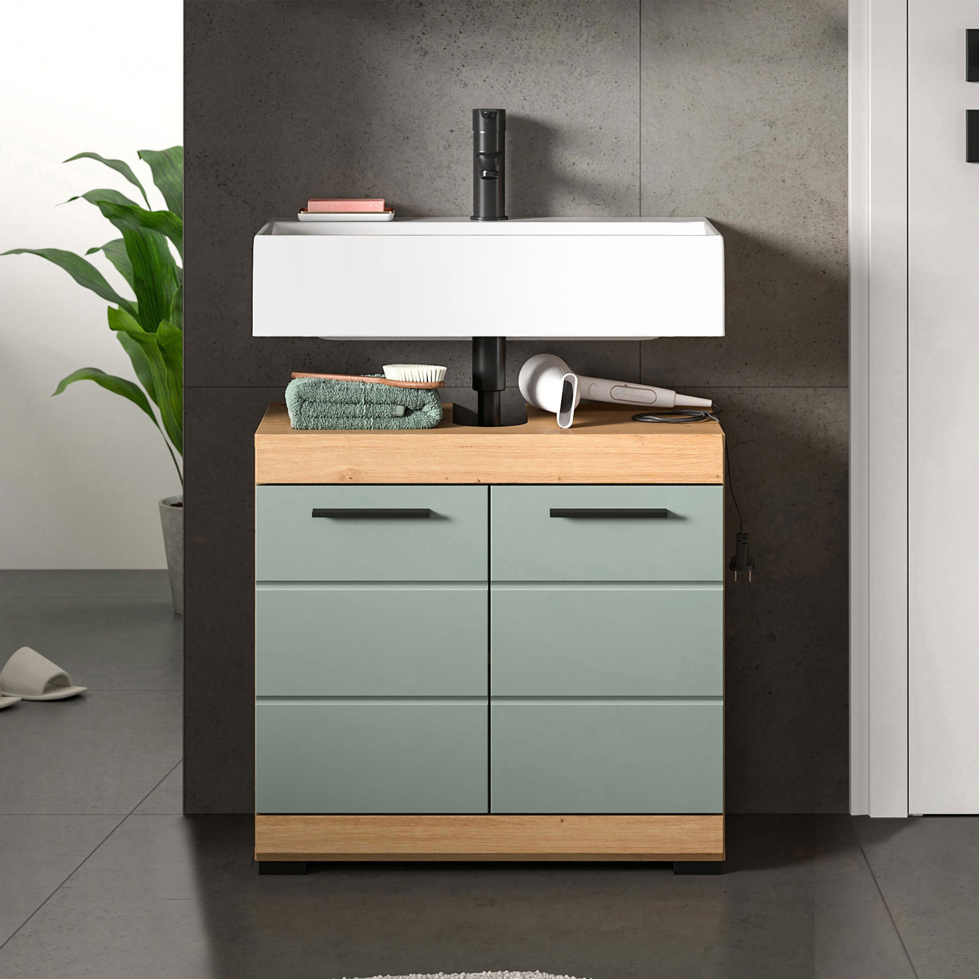 Scout szafka pod umywalkę 2 drzwi, 2 szuflady szałwia dekor, dąb dekor.