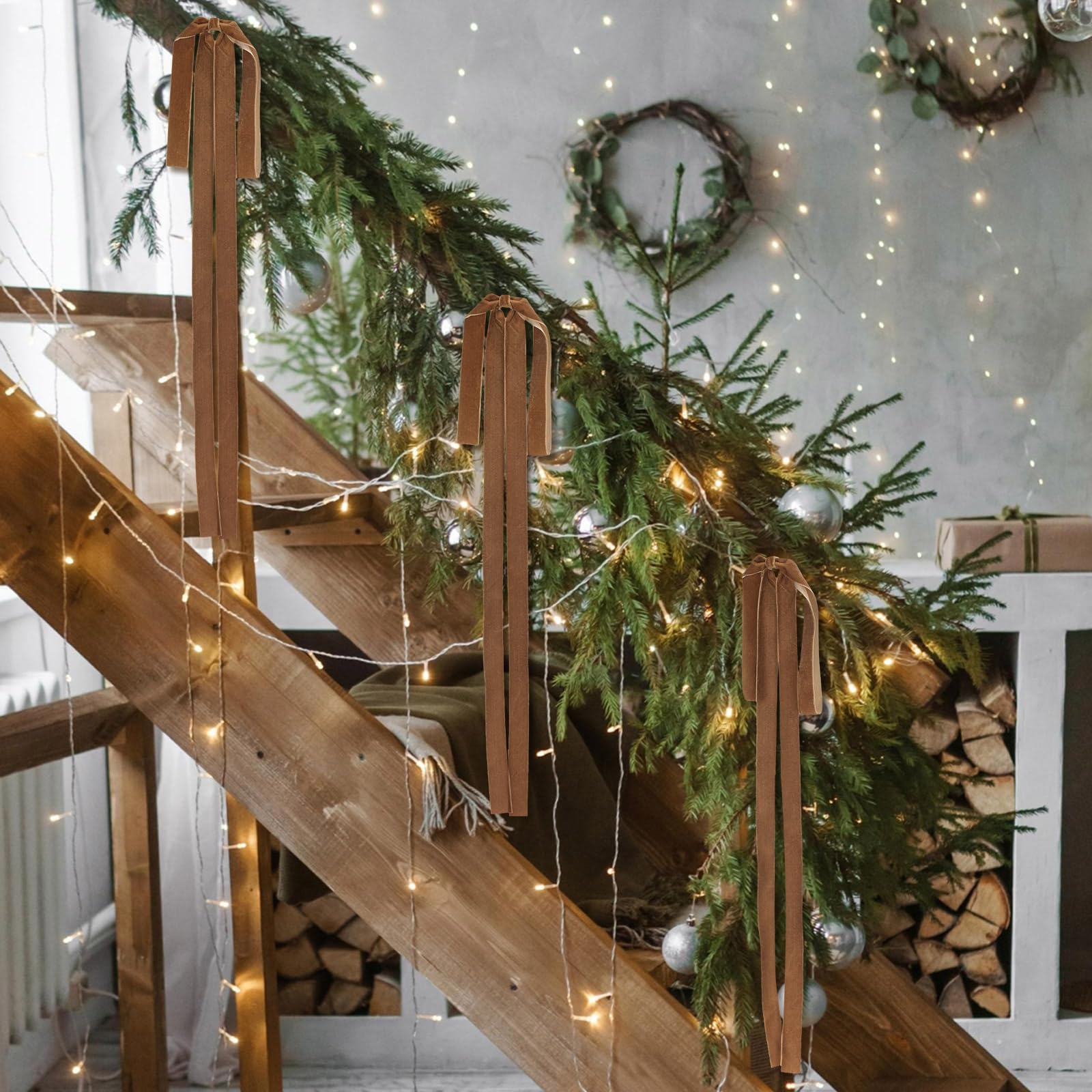 Lot de 6 nœuds de Noël en velours, grandes décorations de Noël vintage en velours, nœuds en ruban de velours pour sapins de Noël, marron - 3