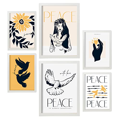 Set de 6 posters en tinta negra paz y amor láminas artísticas del mar y océano para el diseño de interiores tamaños a3 & a4 marcos blancos