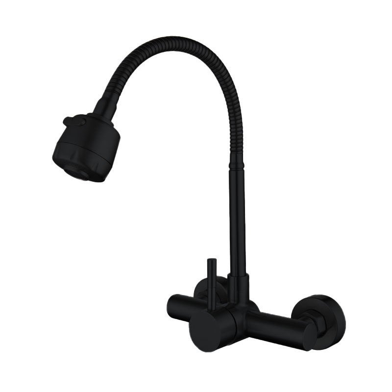 Czarny mosiężny kran kuchenny montowany na ścianie, z dwukierunkową obrotową wylewką do ciepłej i zimnej wody