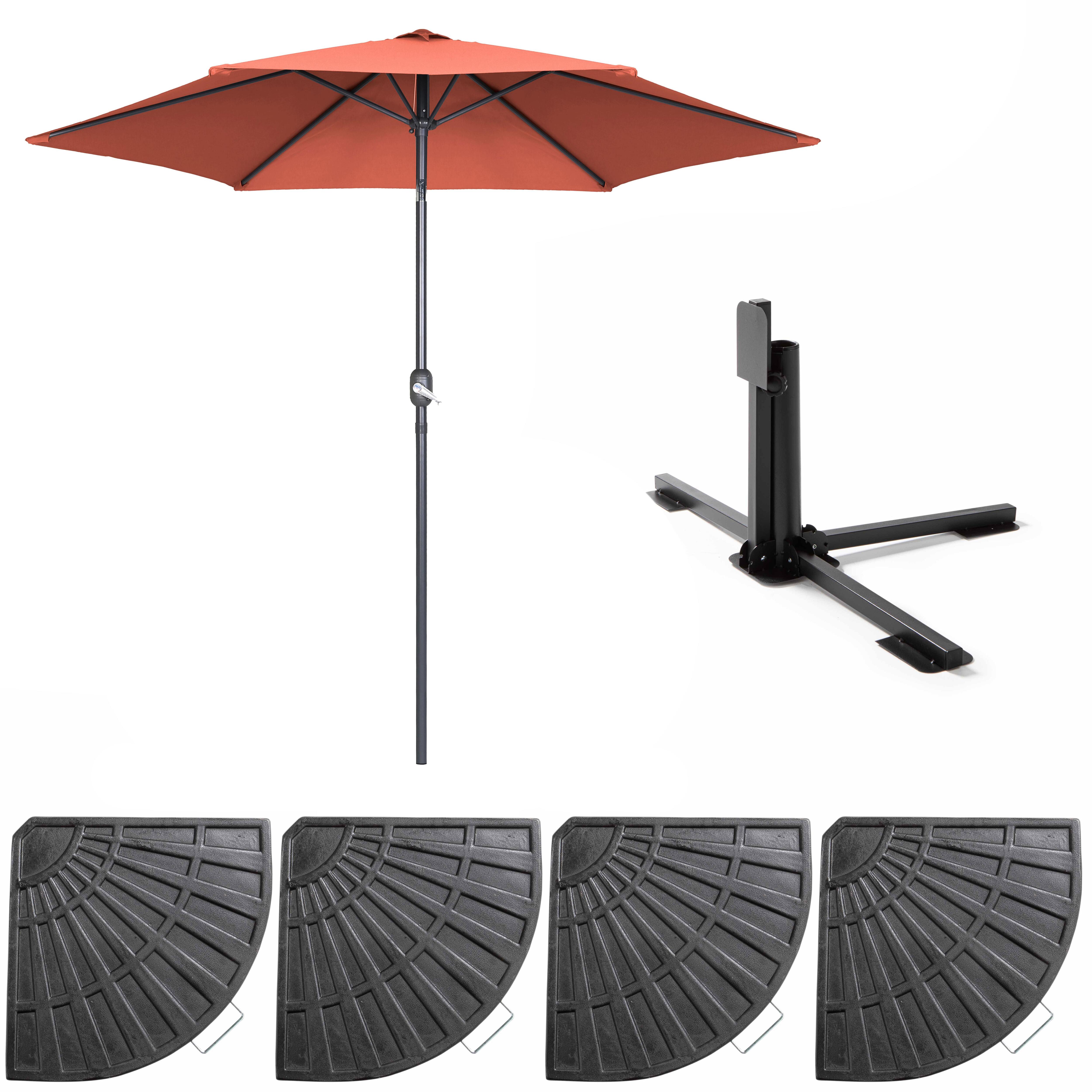 Parasol droit inclinable 3m et 4 dalles lestées aluminium terracotta - 2