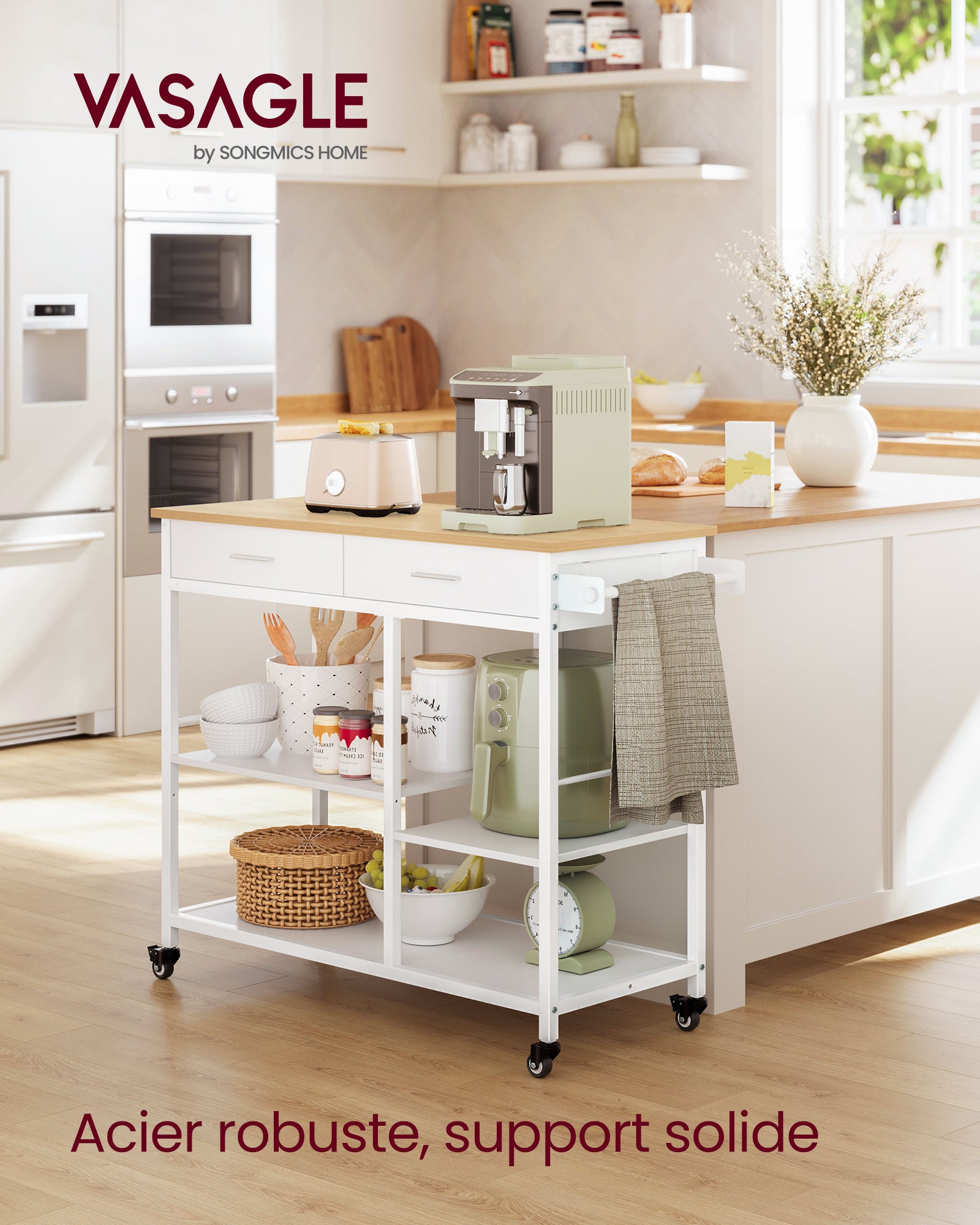 Desserte de Cuisine à Roulettes, Îlot de Cuisine Mobile, 45 x 98,7 x 90 cm, avec Porte-serviettes, 2 Tiroirs, 2 Crochets,Beige Chêne et Blanc Mat - 2