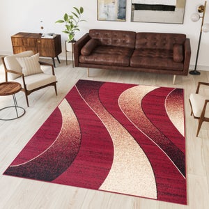 Alfombra De Pelo Corto Negra Y Roja: Diseño Geométrico Moderno Para Salón