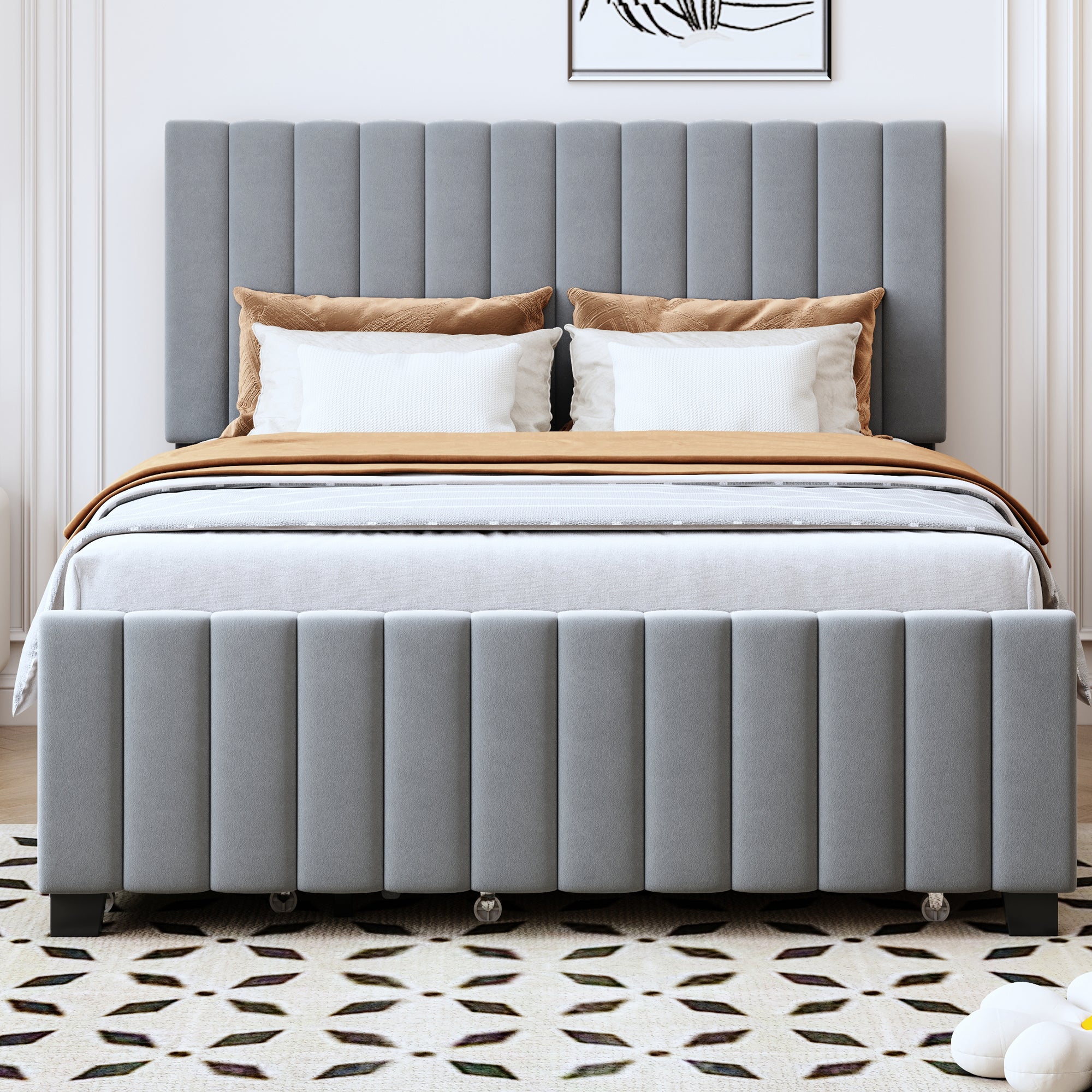 Lit gigogne 140 x 190 cm lit capitonné avec 2 tiroirs, velours, gris, sans matelas - 3
