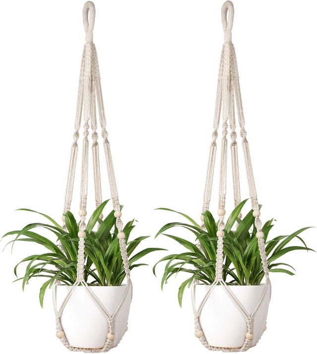 2Pièces Support Pots pour Fleur, Suspension Plante Macramé Corde de Coton Porte Décoration du Jardin Intérieur ave 2*Crochets Suspendu