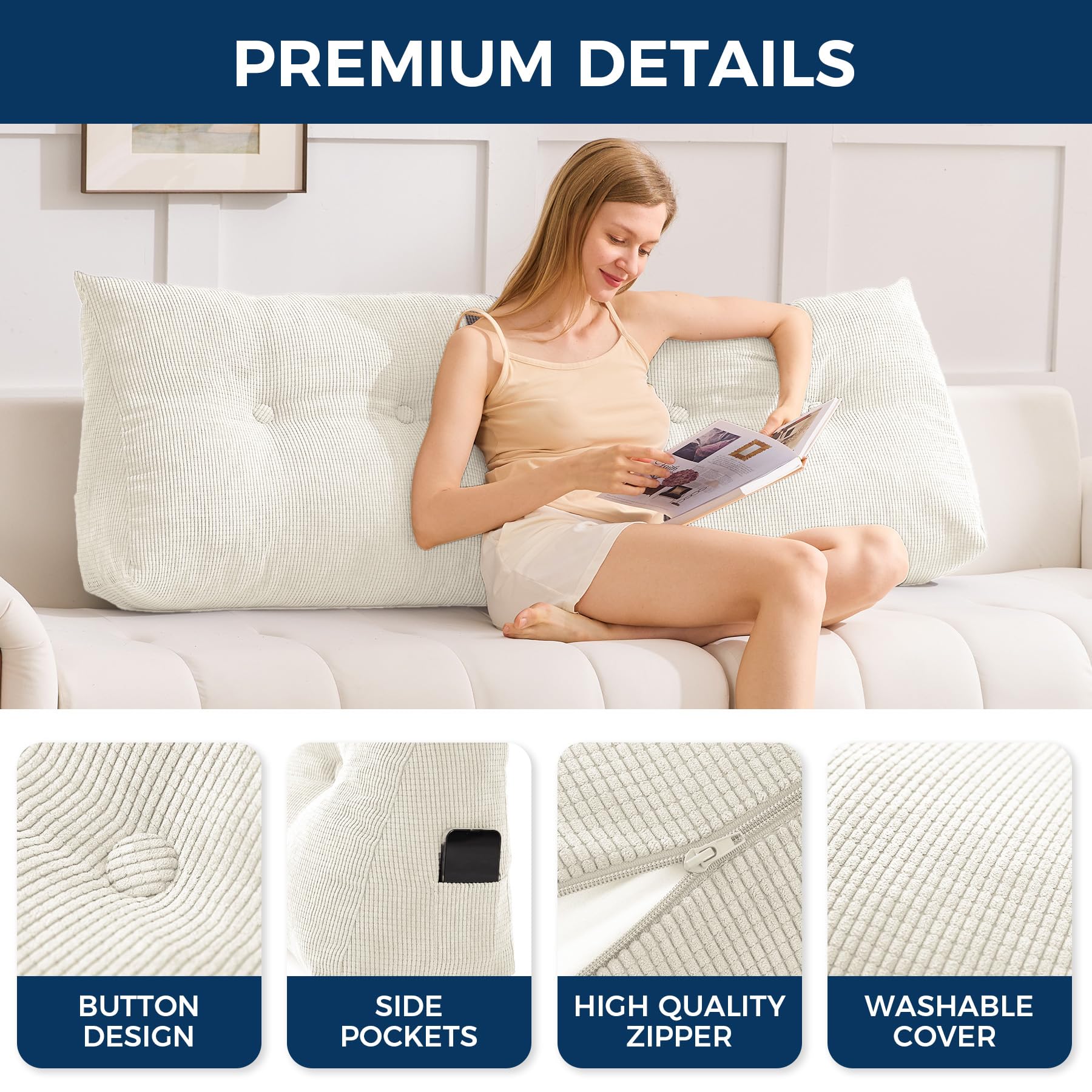 Coussin de soutien lombaire de lit, 100 cm, coussin de lecture de chevet, coussin de loisirs de soutien lombaire - 5