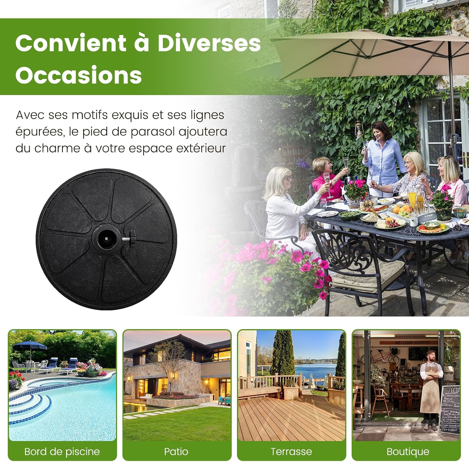 Base Ombrellone da Esterno 14 kg, Supporto Rotondo per Ombrellone 45 CM con Diametro Palo 38/48 MM, Base per Ombrellone Robusta da Giardino Te - 8