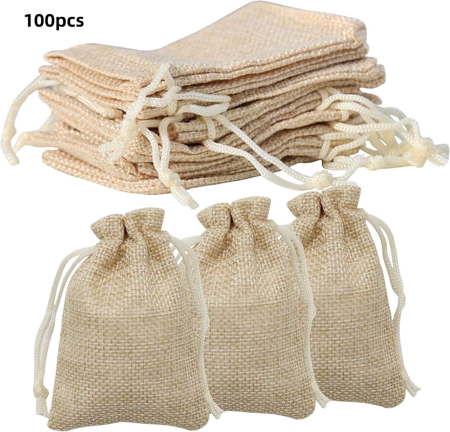 100 sztuk beżowych worków jutowych (7 x 9 cm) ze ściągaczem, torby prezentowe ze ściągaczem na biżuterię/kosmetyki/przyprawy/rękodzieło