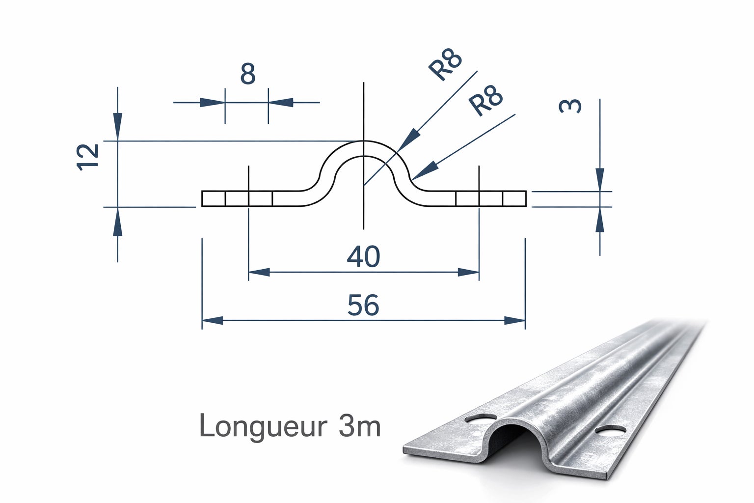 Rail pour portail coulissant à visser au sol - Gorge Ronde de 16mm - Longueur de 3000mm, largeur de 56mm et épaisseur de 3mm - En acier zingué - 3
