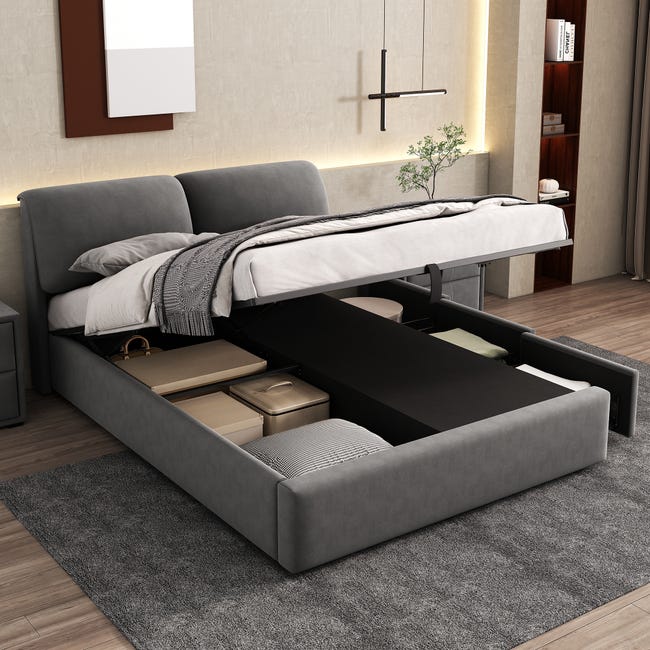 Letto matrimoniale imbottito con vano contenitore e lampada da lettura Letto matrimoniale imbottito con vano contenitore e lampada da lettura