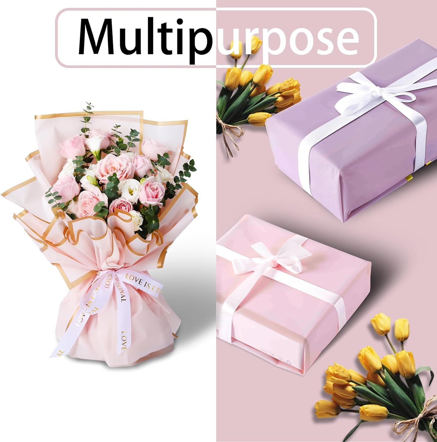 Papier d'emballage de fleurs, papier d'emballage en plastique, imperméable, 20 morceaux de papier d'emballage de bouquet de fleuriste, 57*57cm, rose - 3