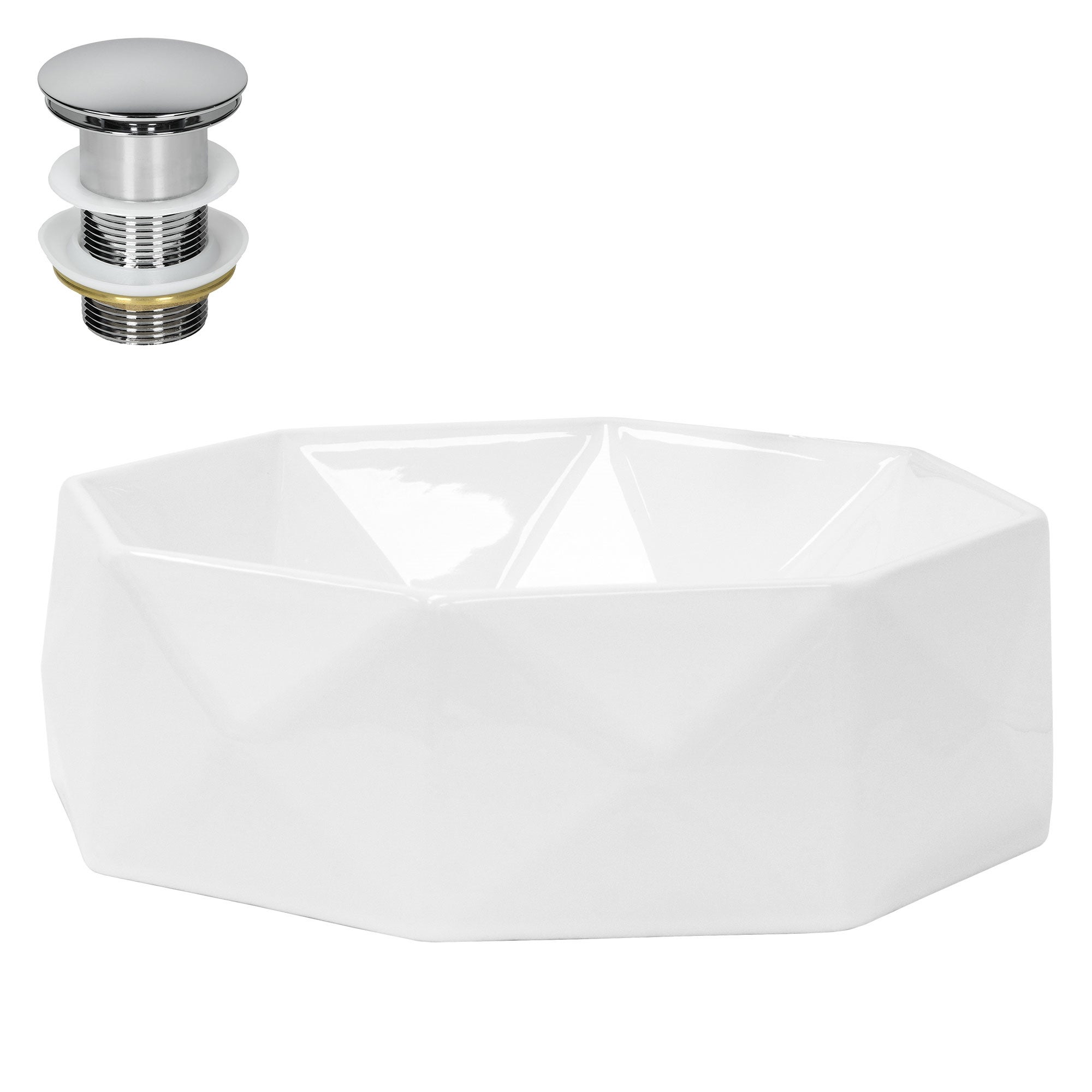 Lavoar de baie LuxeBath, Ø 42x13,5 cm, din ceramica, cu ventil pop-up cromat, fara orificiu pentru baterie, chiuvetă cu montare pe blat, alb lucios