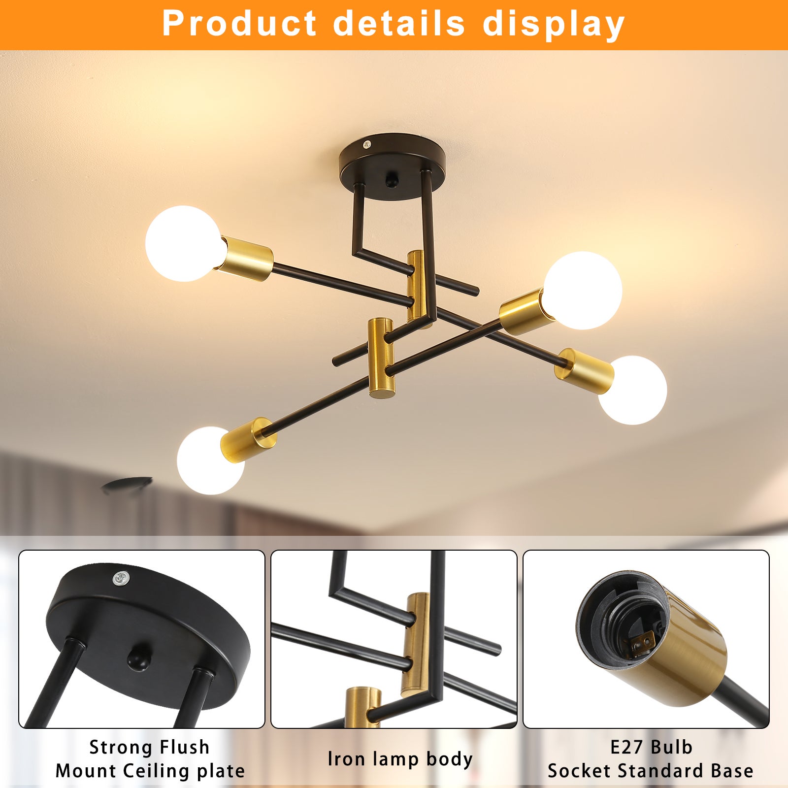 COMELY Plafón Industrial Vintage de 4 Luces E27, Lámpara de Techo de Diseño en Metal Negro para Salón y Comedor - 6
