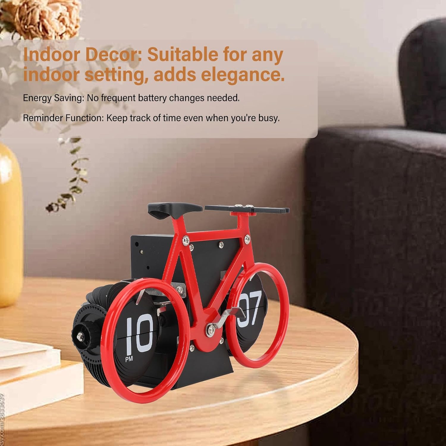 Horloge de table en forme de vélo, horloge à rotation automatique des pages, horloge décorative rétro, horloge à rotation simple des pages (rouge) - 3