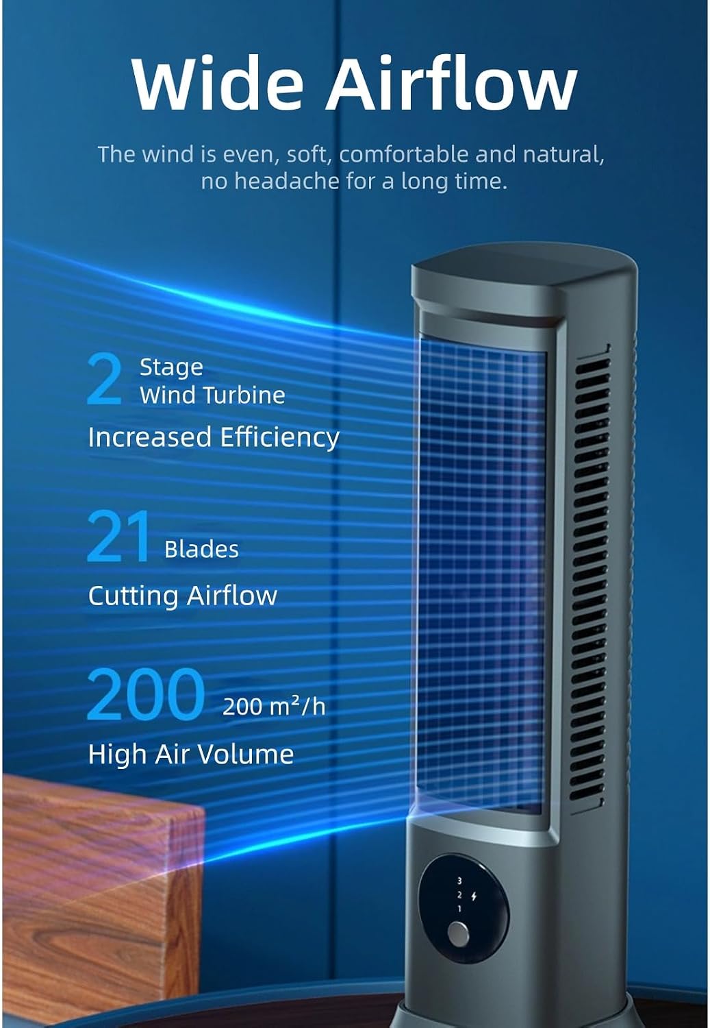Ventilateur Tour, Ventilateur de Bureau Réglable avec 3 Vitesses, Refroidissement Rapide, Fonctionnement Silencieux, Ventilateur Portable sans Pales - 3