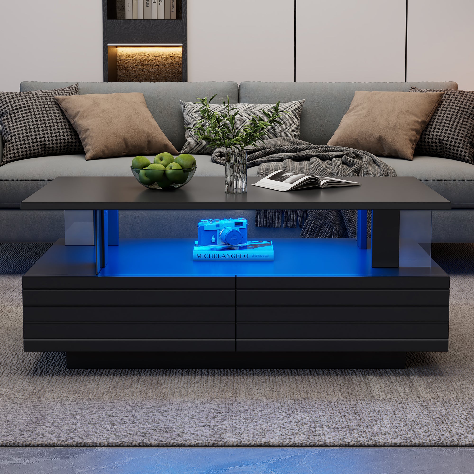 Stolik kawowy z 2 szufladami i przegródkami - 100 x 50 x 42,5 cm - diody LED - Płyta wiórowa + Akryl - Czarny