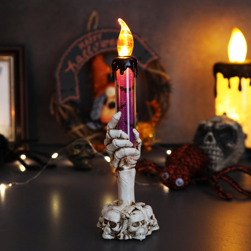 Świecący fioletowy świecznik czaszka Halloween bezpłomieniowa dioda LED dekoracyjna ręka ducha ozdoba przyjęcie bar straszny wystrój domu Halloween