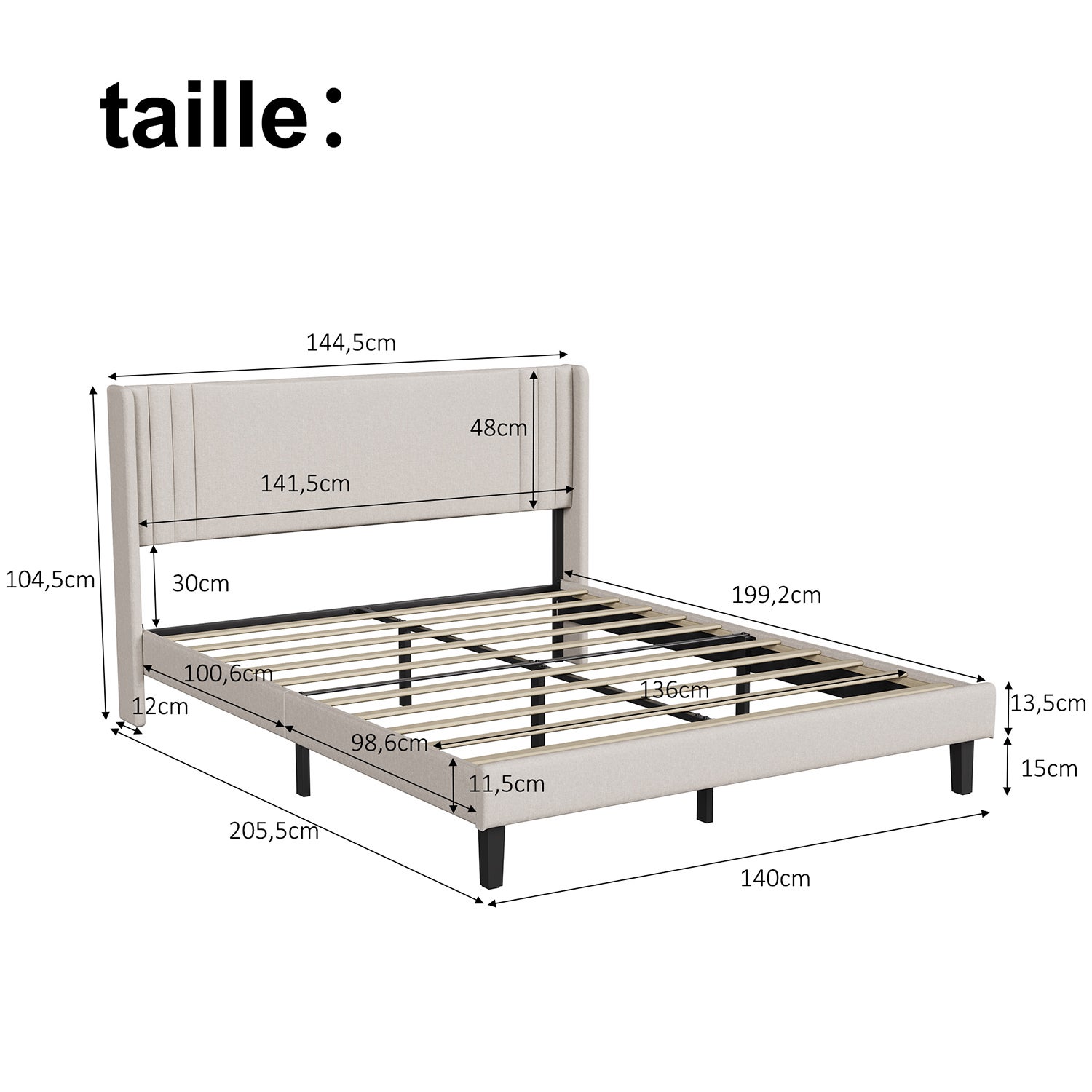 Lit 140x190 cm, COZY, sommier à lattes, tissu en lin, cadre de lit double 140x190, lit adulte 140x190, beige - 6