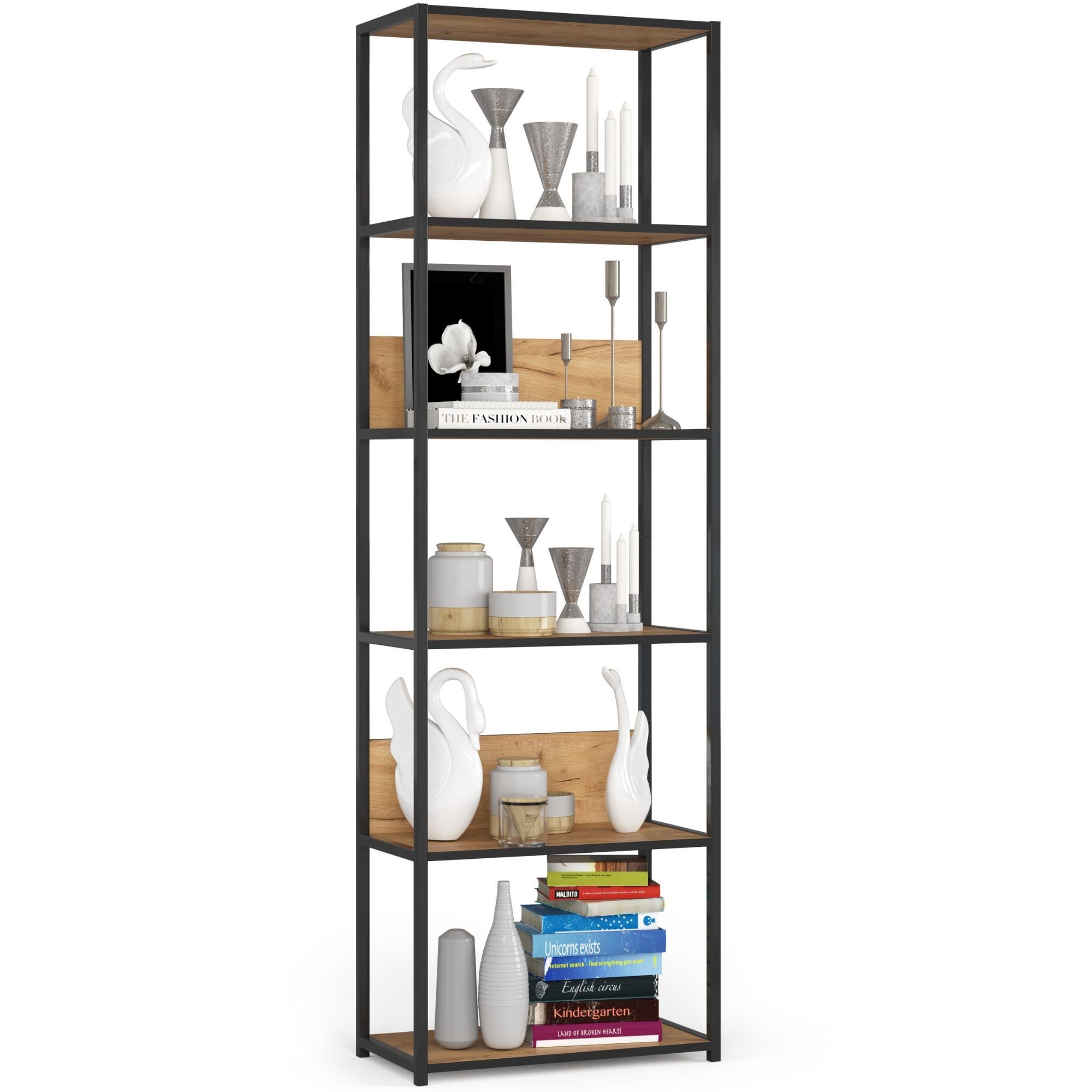 Regał loft AKORD metalowy Czarny 60 cm kolor Dąb Craft mat 6 półek 60x32x192 cm