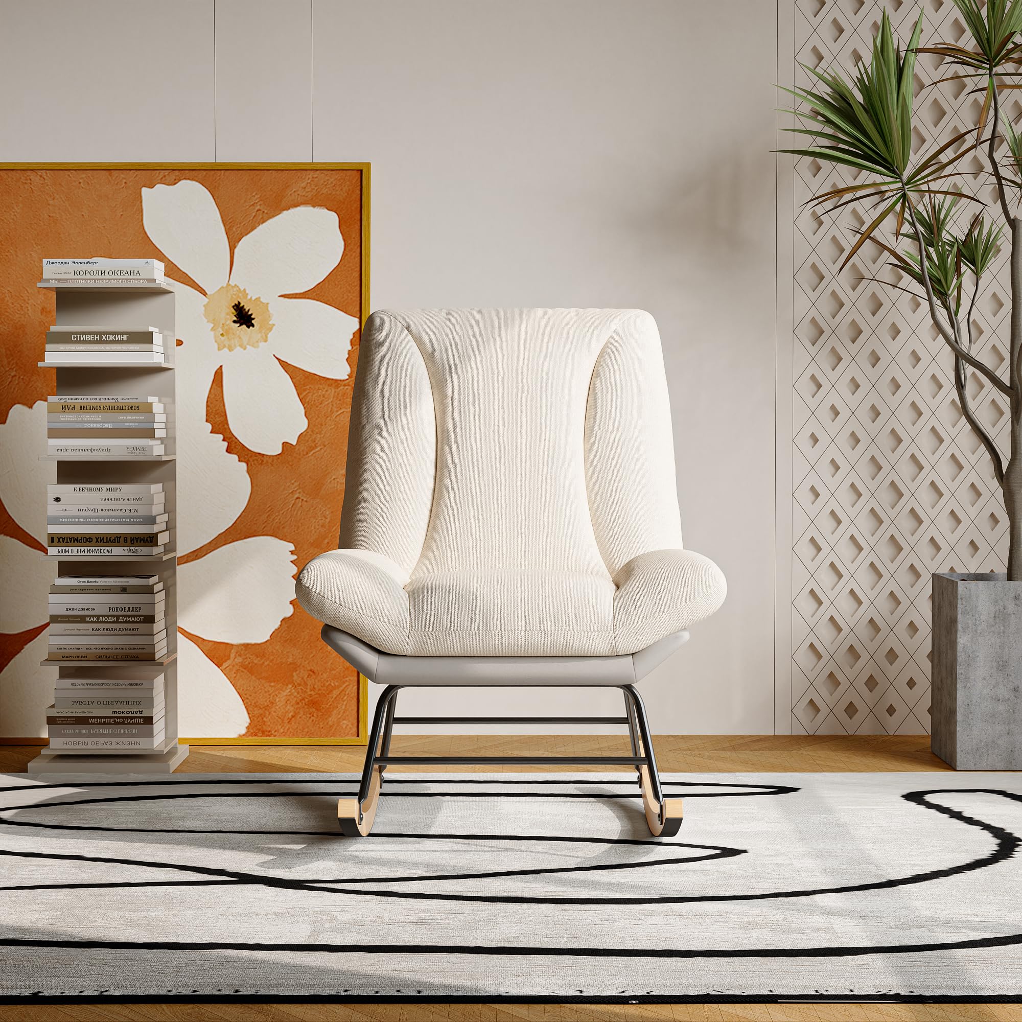 Fauteuil à Bascule, Rocking Chair, Fauteuil rembourré en Lin, avec Dossier Haut réglable, Chaise à Bascule, Chaise de Relaxation, d'allaitement - 6