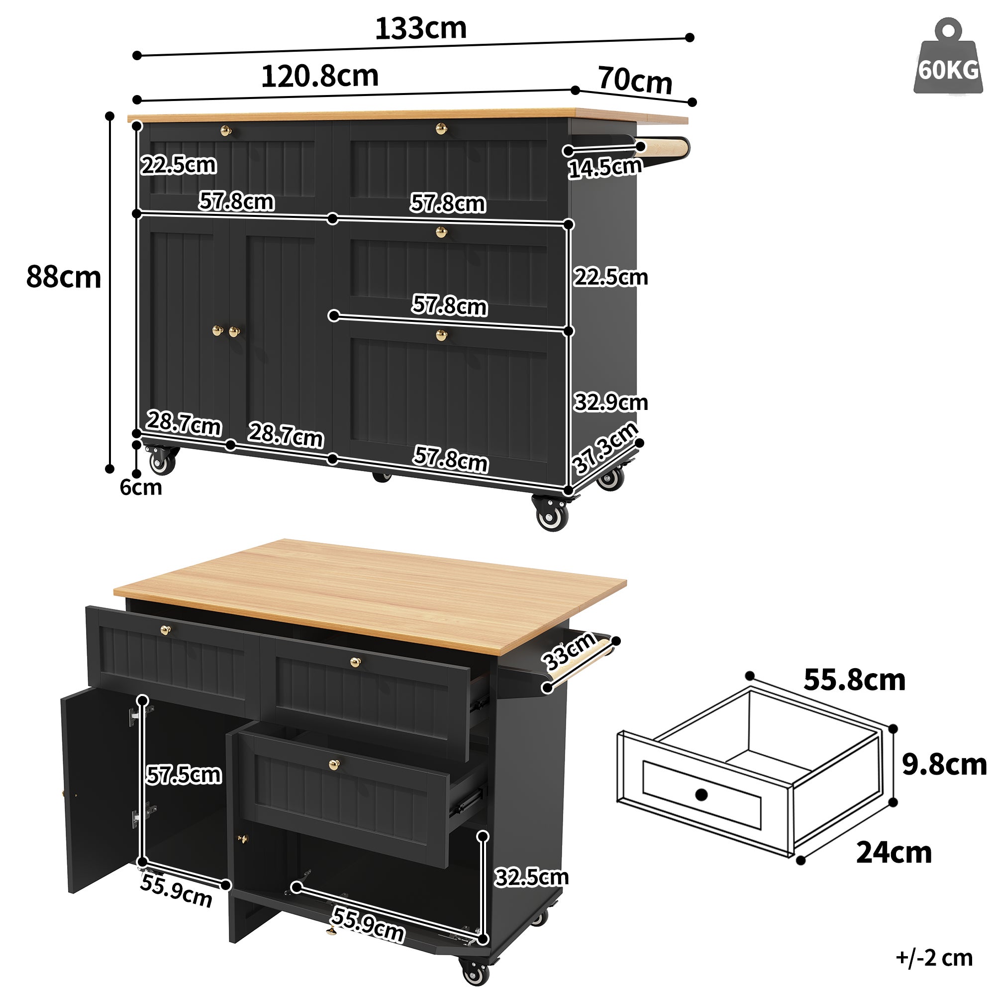 Ilot central de cuisine mobile avec 2 portes, 3 tiroirs et porte-serviette - Plateau extensible - 120.8x37.3/70x88cm - MDF - Noir + naturel - 3