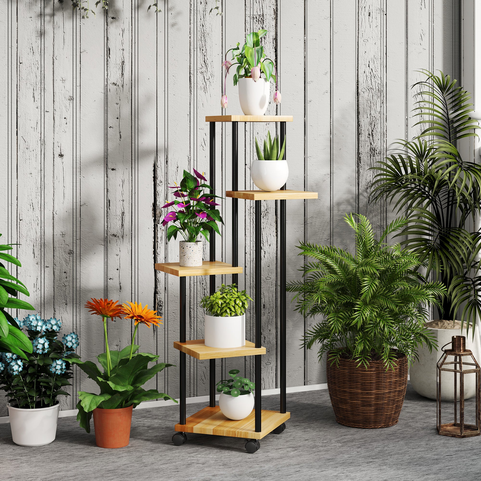 Support à plantes à 5 niveaux pour intérieur et extérieur, étagère plante avec 4 roues en acier et bois bois naturel - 4