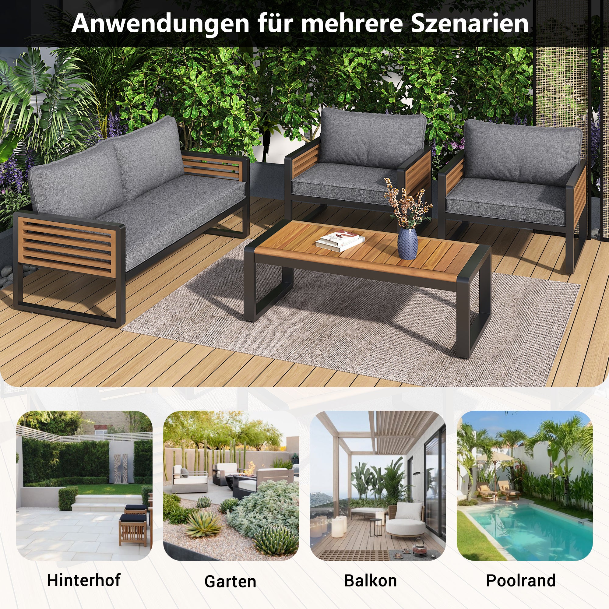 Salon de jardin en fer galvanisé : 1 Canapé 2 places + 2 fauteuils + 1 table basse - Marron et gris - 6