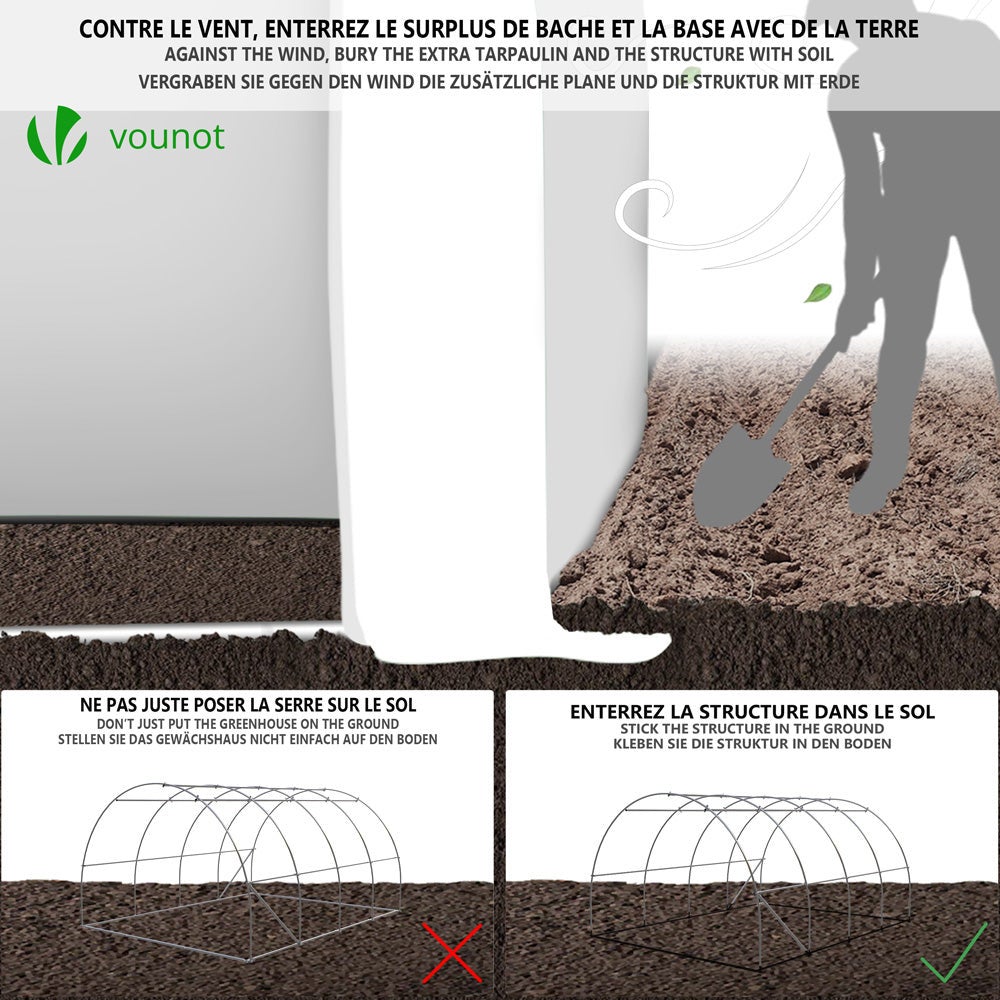 Serre de jardin tunnel Toute Saison 12m² - fenêtres et portes latérales zippées enroulables, barre anti-tempête - VOUNOT® - 6