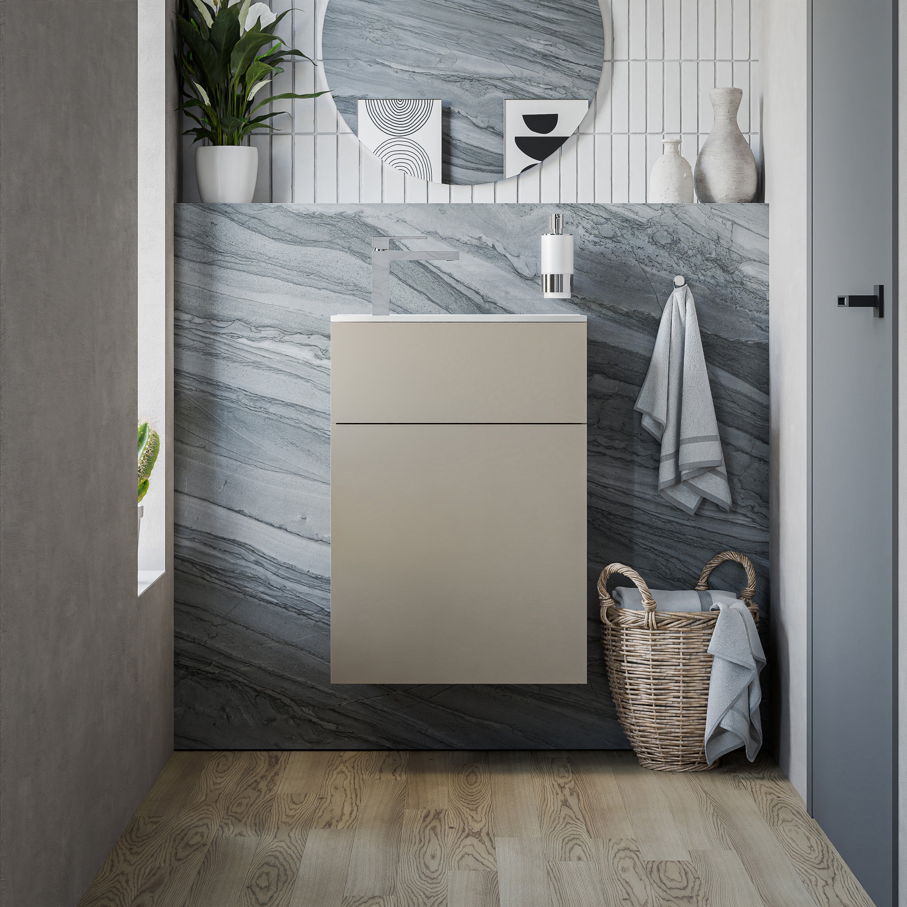 Bernstein - mueble lavabo suspendido mdf beige mate, lavabo blanco mate + orificio grifería + desagüe, bisagra puerta derecha - 50x26x72cm - konda