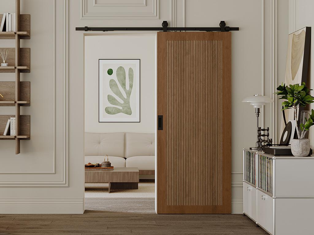 Drzwi przesuwne naścienne z MDF i drewna naturalny ciemny - wys. 205 x szer. 63 cm - SANDORA