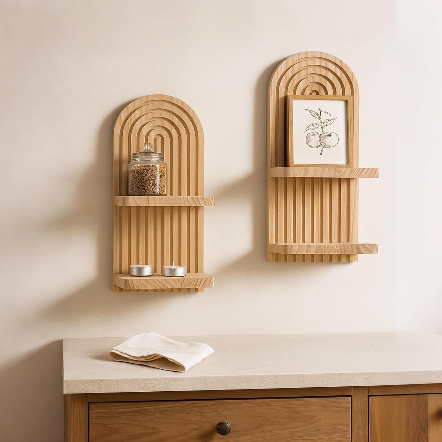 Lot de 2 étagères murales bohèmes - Étagère flottante à 2 niveaux massif, motif arc-en-ciel, faite main - Décoration murale pour bibelots，beige - 4