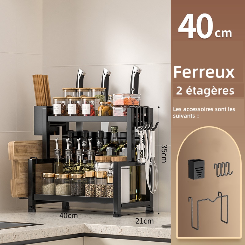 Gruba wielofunkcyjna półka kuchenna do blatów domowych, z uchwytem na pałeczki i deskę do krojenia, 2 poziomy, 40 cm