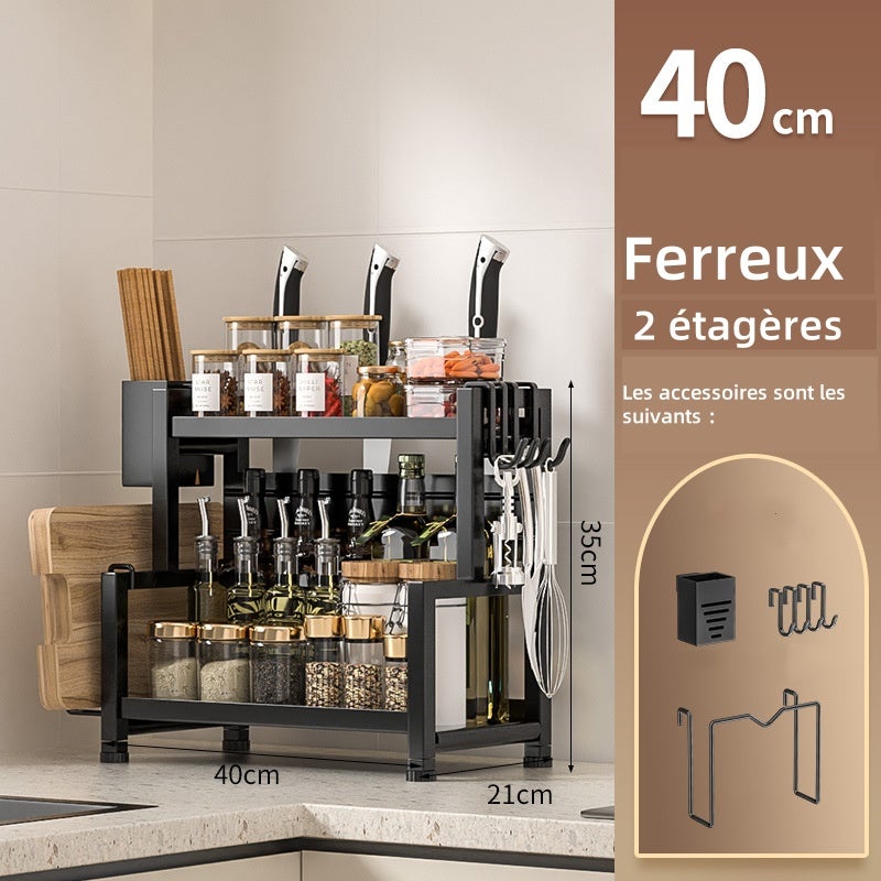 Gruba wielofunkcyjna półka kuchenna do blatów domowych, z uchwytem na pałeczki i deskę do krojenia, 2 poziomy, 40 cm