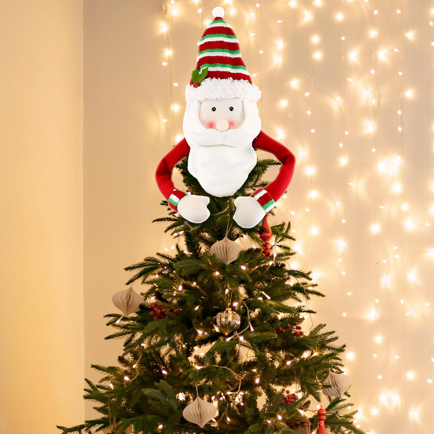 Sapin De Noël Rouge Lumineux En Forme De Chapeau De Père Noël - LED, Pliable, Avec Pompon Et Flocons - Déco Festive - 12
