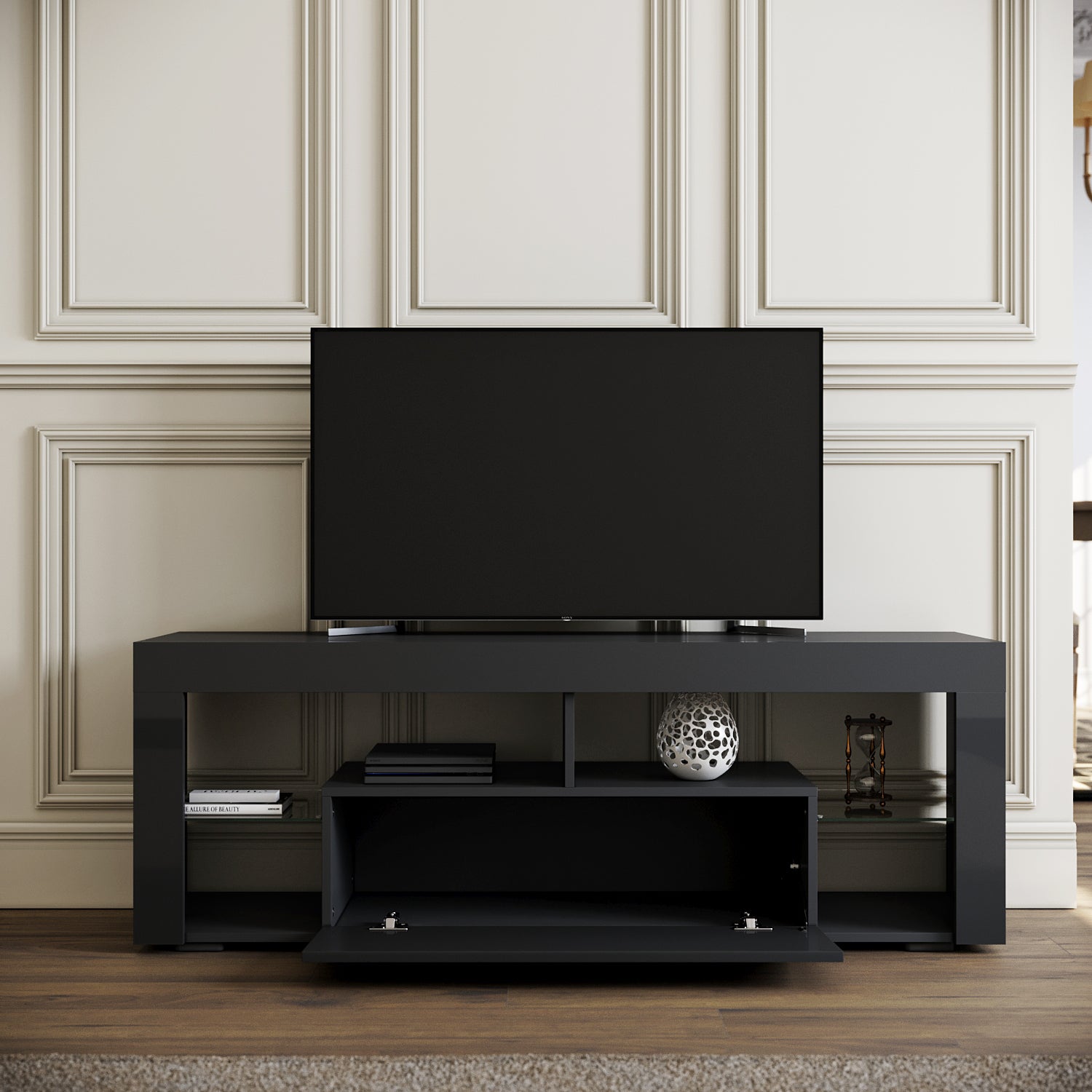 SIRHONA Meuble TV LED Noir,Banc TV 140x35x45cm,Éclairage LED RGB avec Couleur réglable,Convient pour Salon ou Chambre - 6