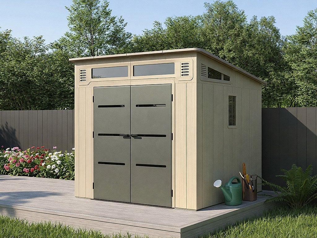 Domek ogrodowy z żywicy z dachem jednospadowym w kolorze beżowym i brązowym 6,5 m² z podłogą – grubość 22 mm – ANTEVA