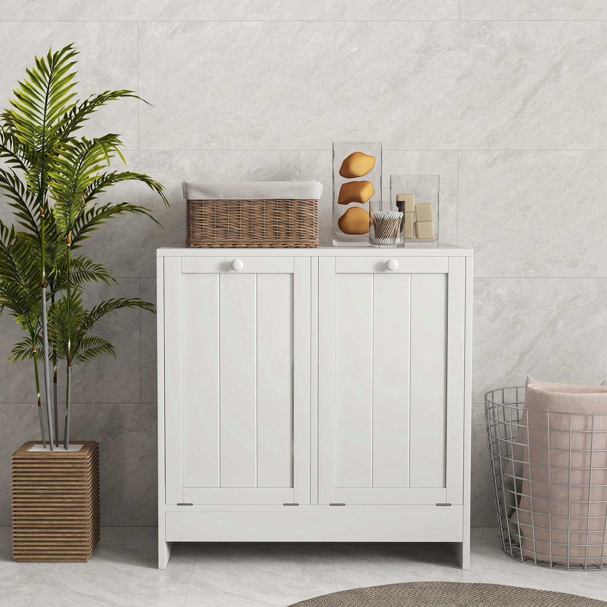 Meuble salle de bain avec panier à linge - kleankin - 2 portes et 2 paniers - bois - 66x33x68cm - blanc - 7