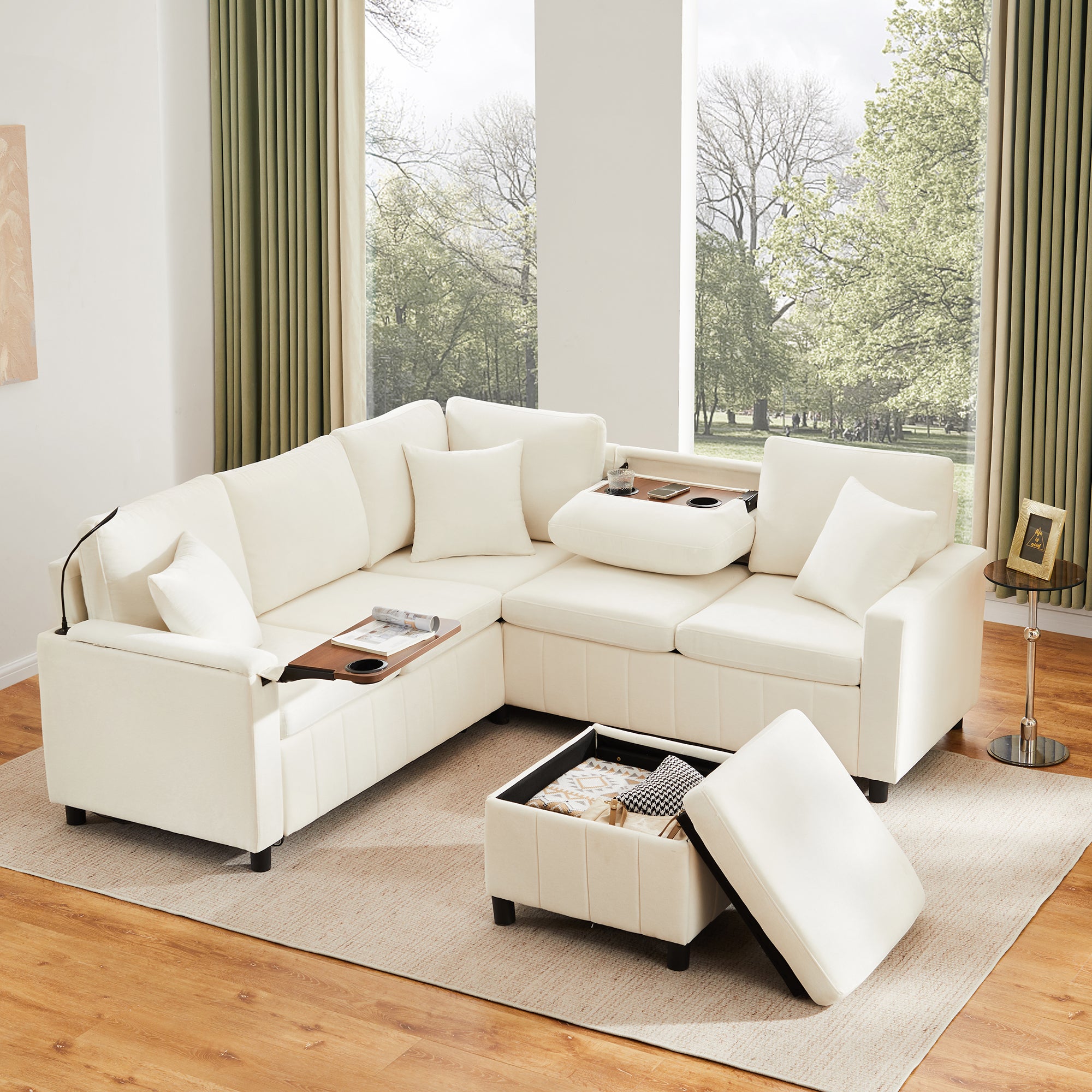 5-osobowa sofa narożna z funkcją spania, pufą, lampką do czytania, portami USB i 2 uchwytami na kubki - 205 x 205 x 85 cm - Chenille - Beż
