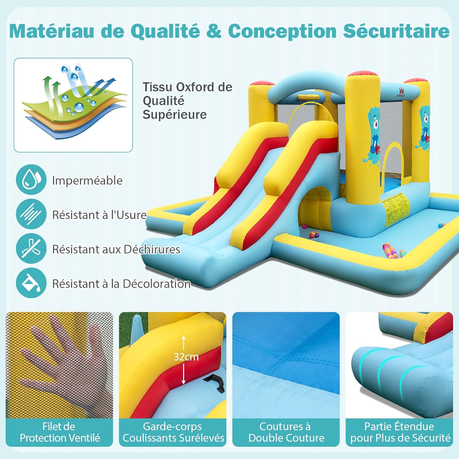7 en 1 Structure Gonflable avec Toboggan & Maison de Saut, Aire de Jeux Gonflable avec Piscine à Balles & Panier de Basketball - 3