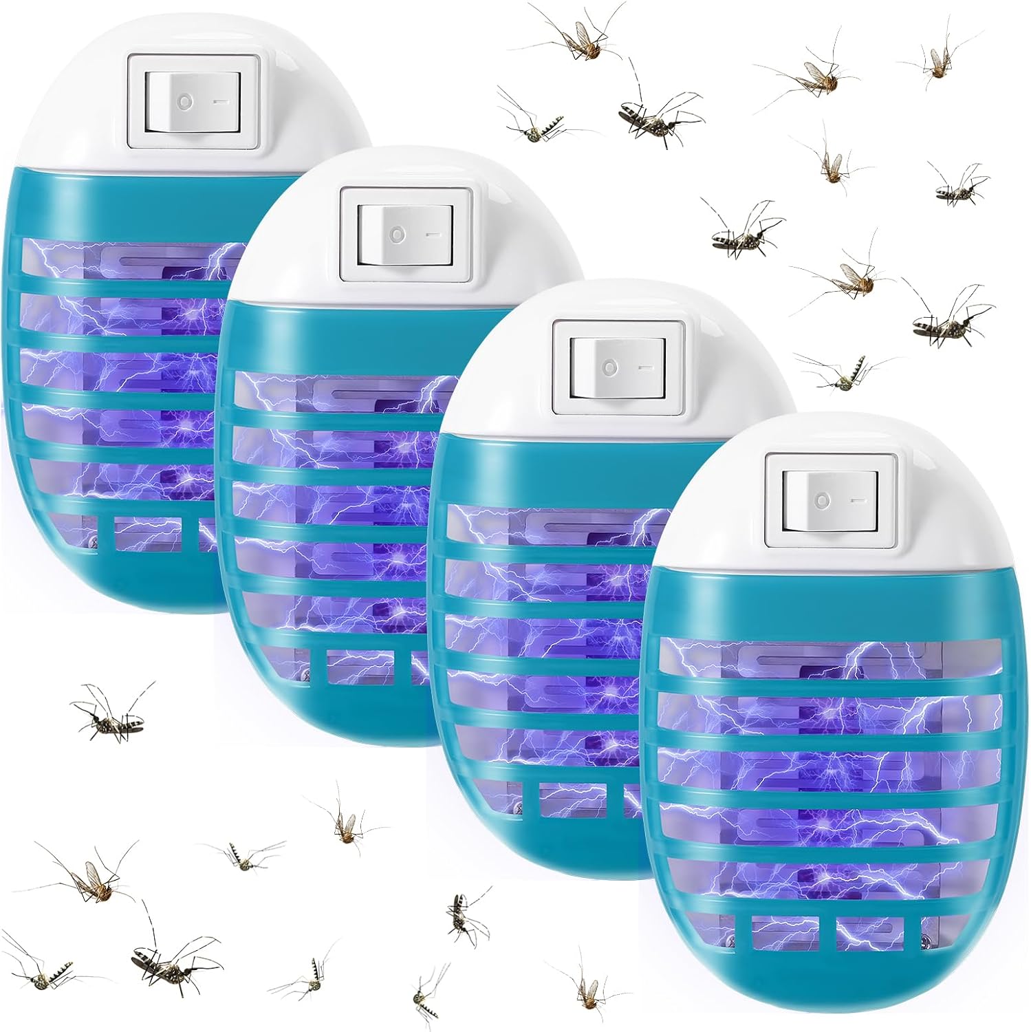 Elektryczna lampa przeciw komarom (zestaw 4 szt.), odstraszacz komarów do wnętrz, nietoksyczny, wtykany, światło UV na owady i komary.
