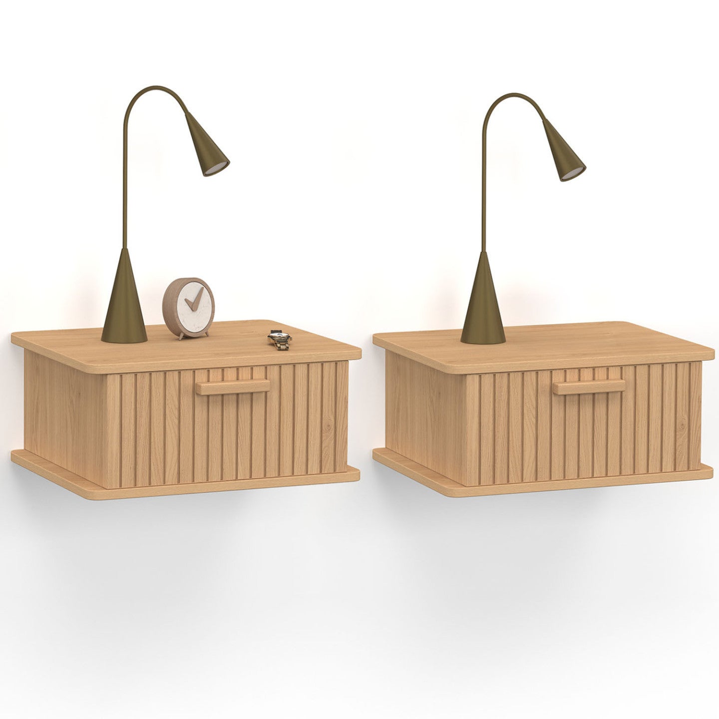 Lot de 2 tables de chevet murales JULIETTE 1 tiroir étagère suspendue lattes tasseau bois - 2