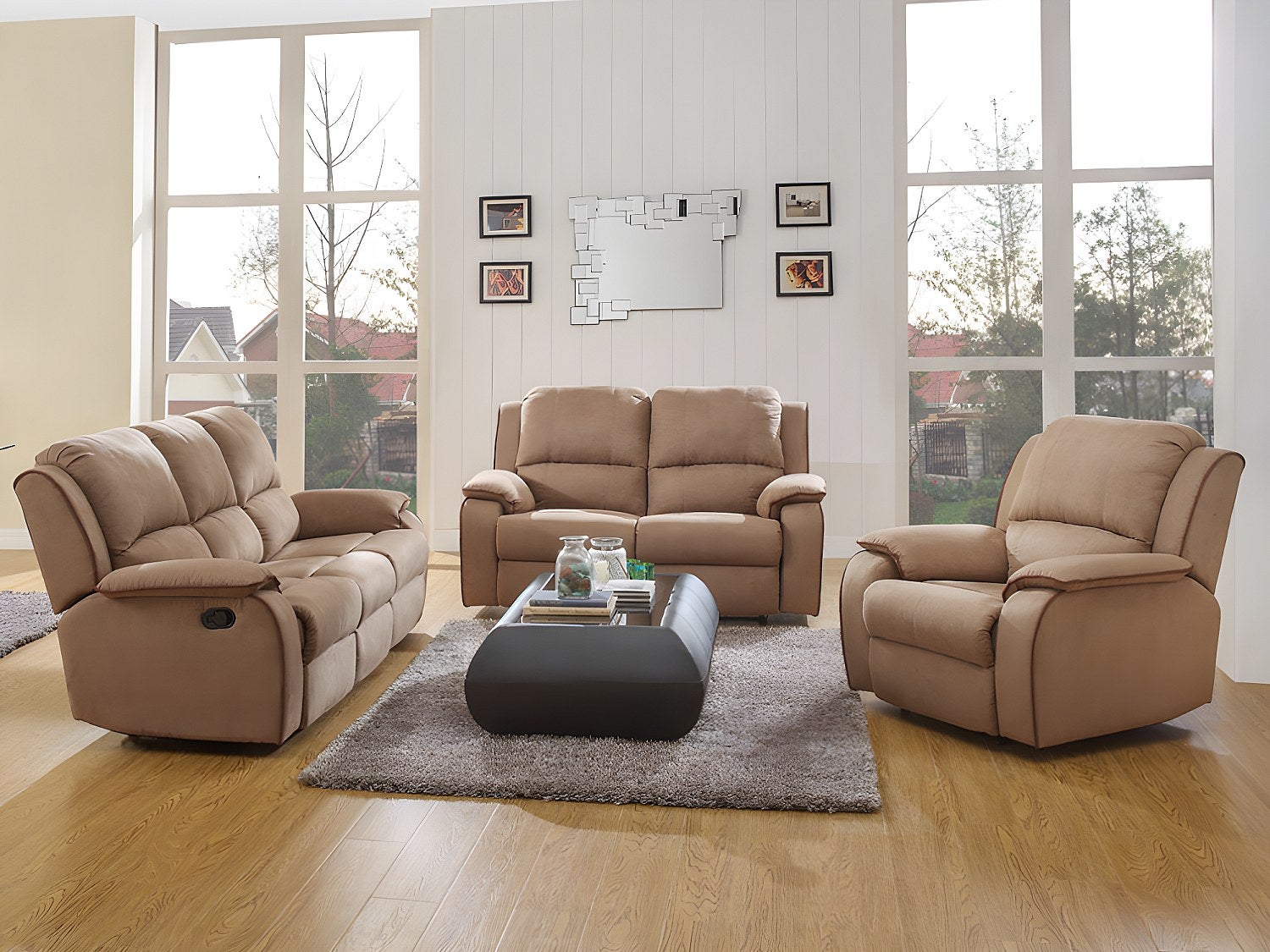 Kanapa 3-osobowa, 2-osobowa i fotel z funkcją relax z mikrofibry HERNANI - Taupe