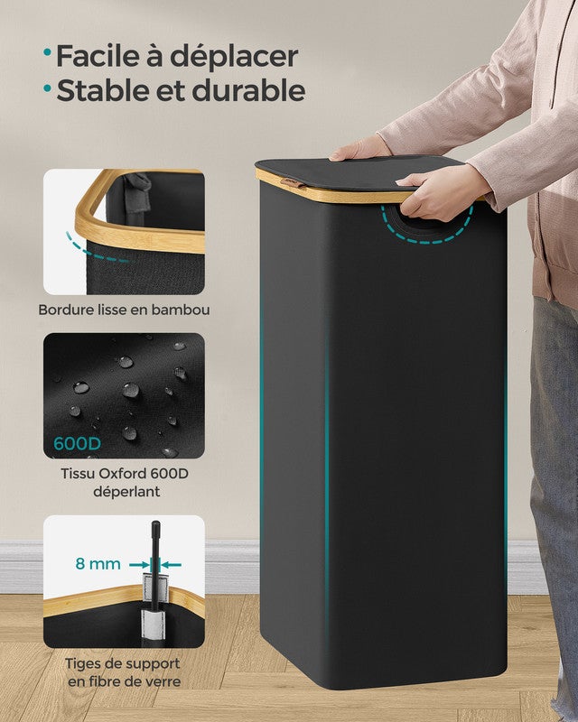 Panier à Linge Mince avec Couvercle, 90L, Doublure en Maille Amovible, Poignées en Bambou, Pliable, 42 x 32 x 70,5 cm, Noir d'Encre - 7