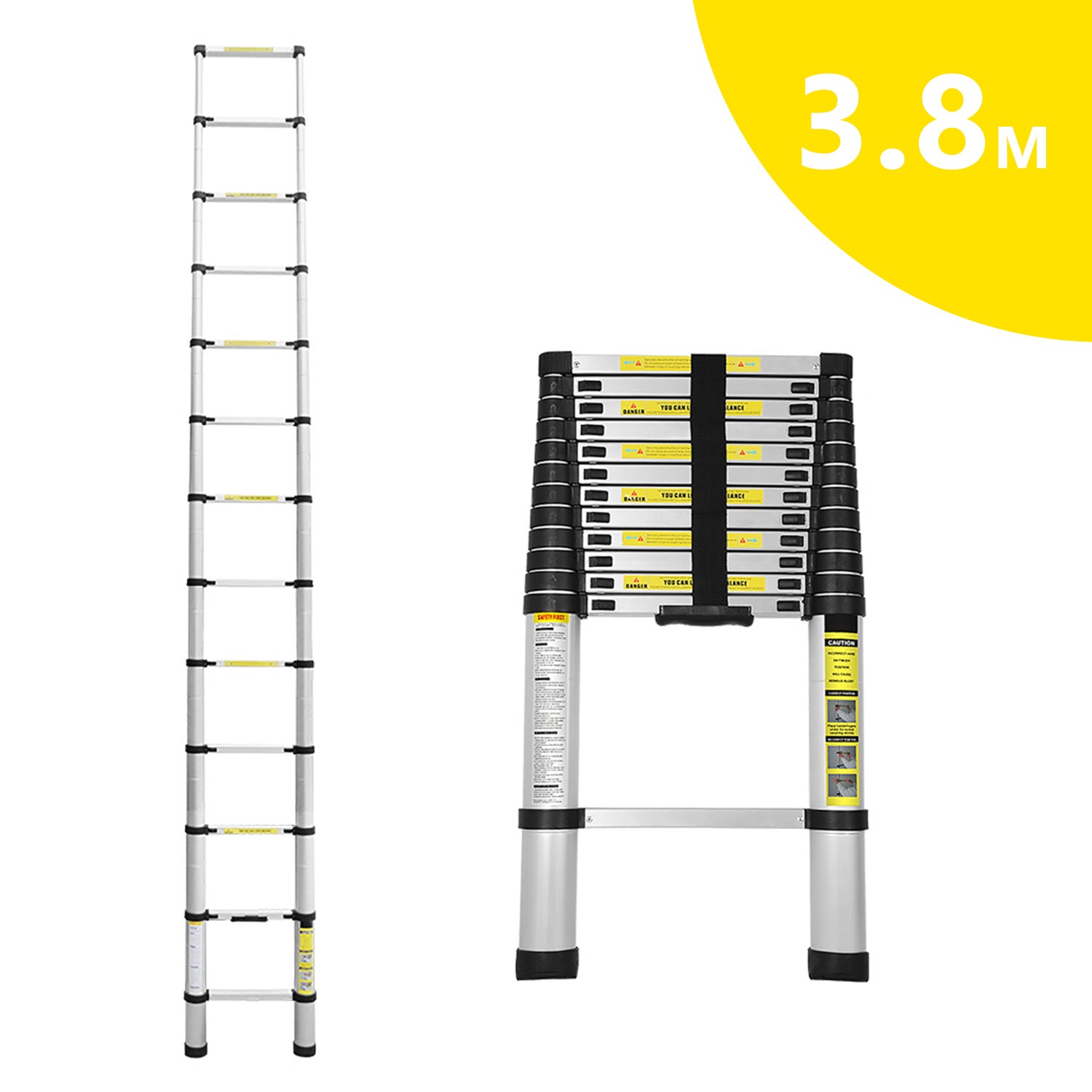 Escalera telescópica de aluminio de 3,8 m, escalera telescópica multifunción alta para portería, escalera telescópica negra