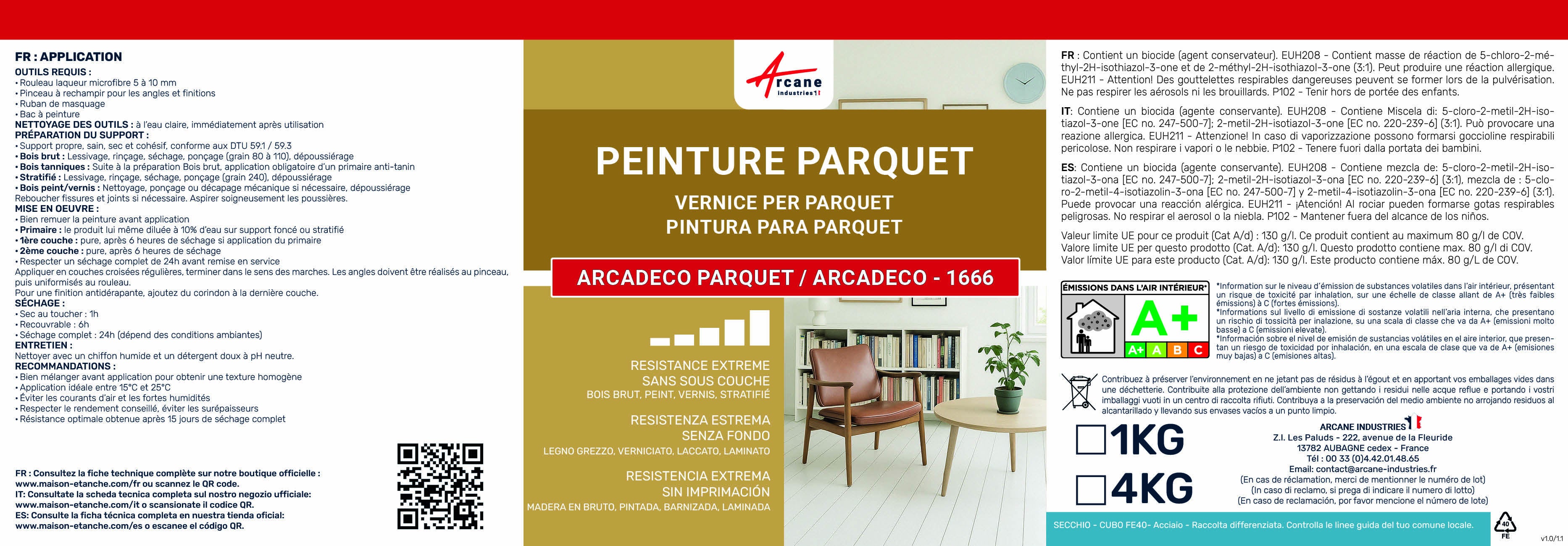 Peinture parquet bois, peint, stratifié, vernis : ARCADÉCO PARQUET Ivoire Clair - RAL 1015 - 4 kg - ARCANE INDUSTRIES - 8